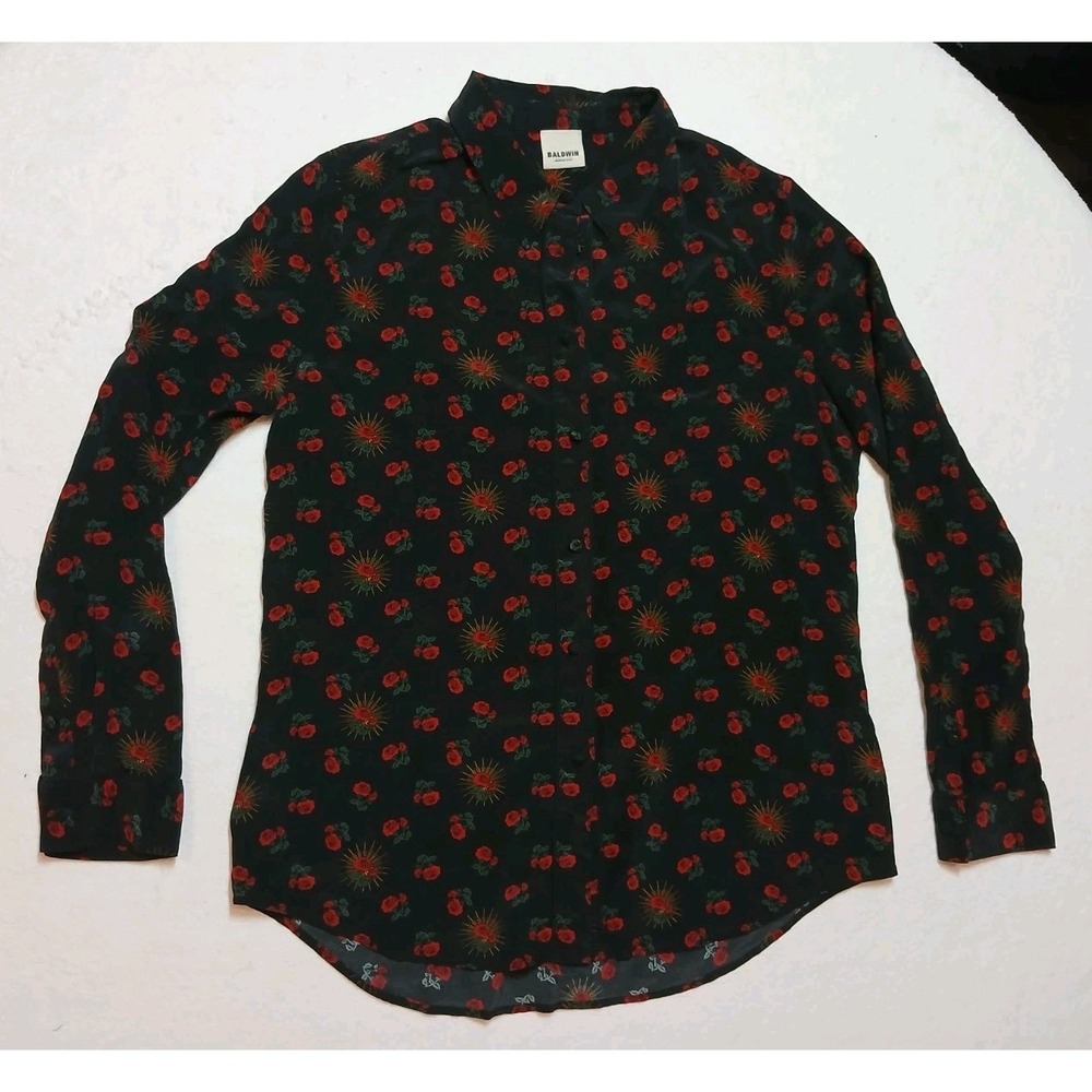 BALDWIN Nora Silk Rose Shirt Blouse Black Red Calico Roses Celestial Medium M